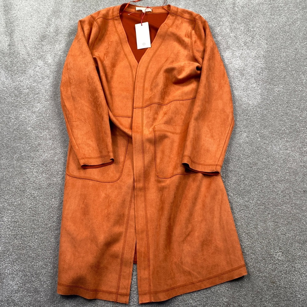 Solitaire Faux Suede Duster Cardigan Womens L Rust Orange Open Front Longline